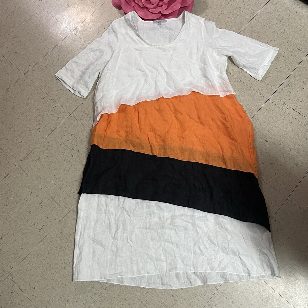 CHESCA 100% Linen Size 3 (US 14) Lagenlook Modest Tiered Colorblock Maxi Dress